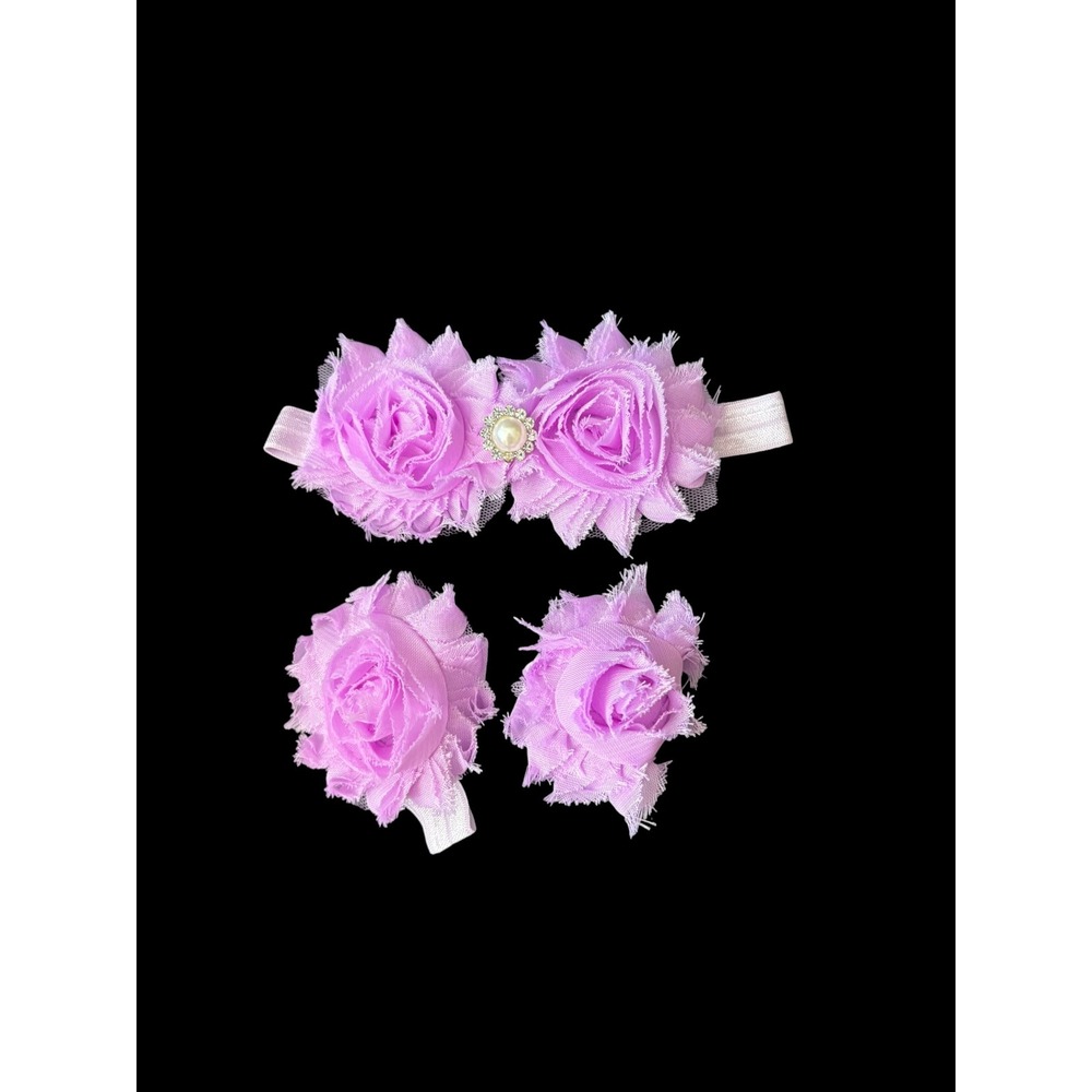 Baby Girl Purple Floral Headband Barefoot Sandals 3 Piece Flower Accessory Set